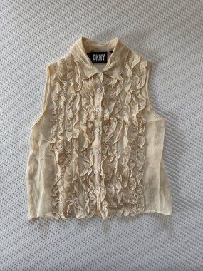 DKNY Vintage Silk Ruffled Tuxedo Sleeveless Blouse